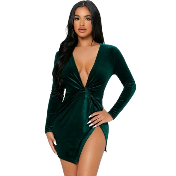 Petite Dark GreenTwist Front Wrap Velvet Dress - Picture 2 of 5